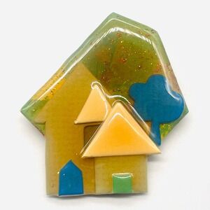 Lucinda House Pins Brooch Resin Whimsical Cottage Blue Tree Glitter 2.5" x 2.25"